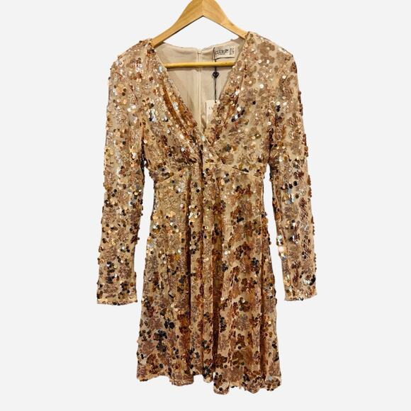 NWT Champagne, Rose Gold Sequin V-Neck Long Sleeve Mini Dress, Size 12 - Picture 2 of 10